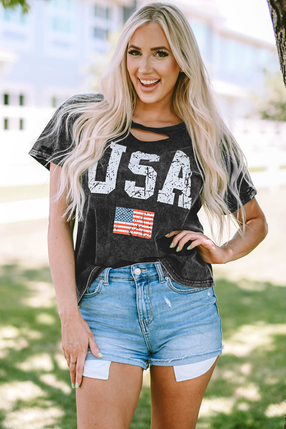 T-shirt nera con stampa bandiera USA effetto tie-dye invecchiato