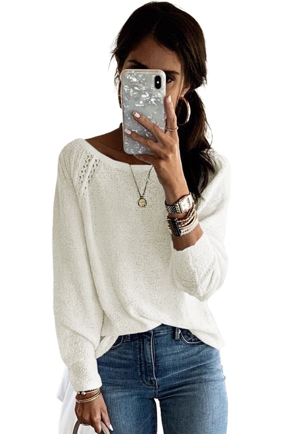 White Long Sleeve Cutout Shoulder Relaxed Sweater
