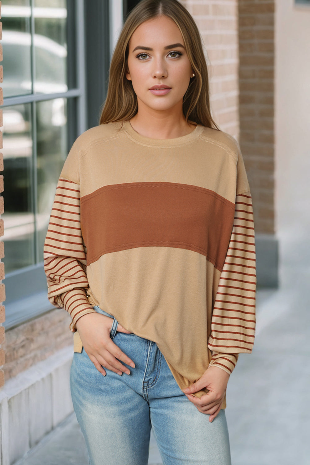 Peach Blossom Colorblock Striped Bishop Sleeve Top