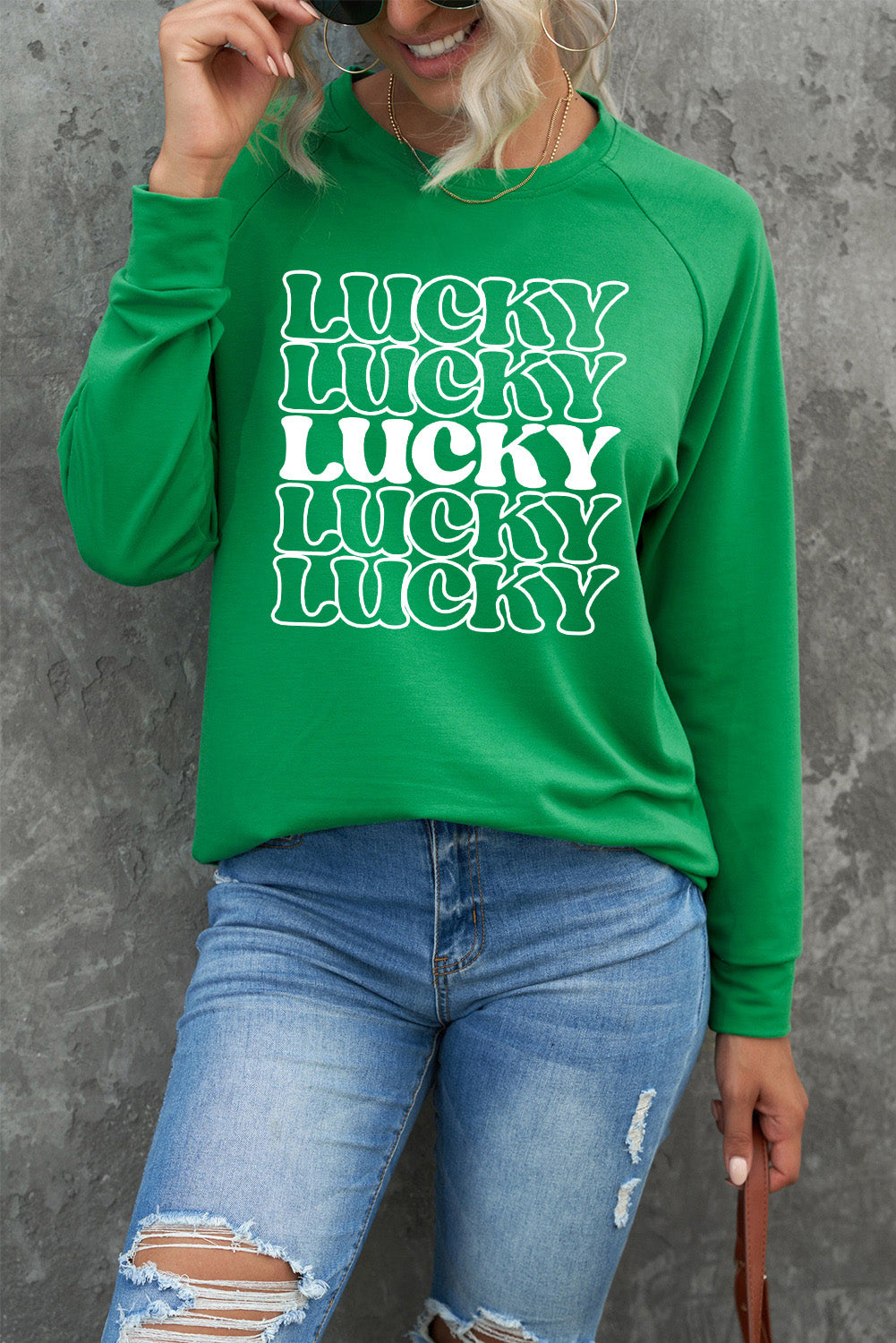 Green Lucky Letter Print Crewneck Long Sleeve Sweatshirt