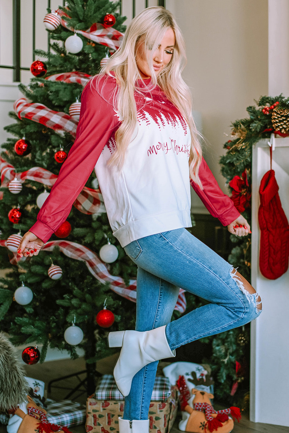 Fiery Red Merry Christmas Reindeer Tree Graphic Pullover Sweatshirt