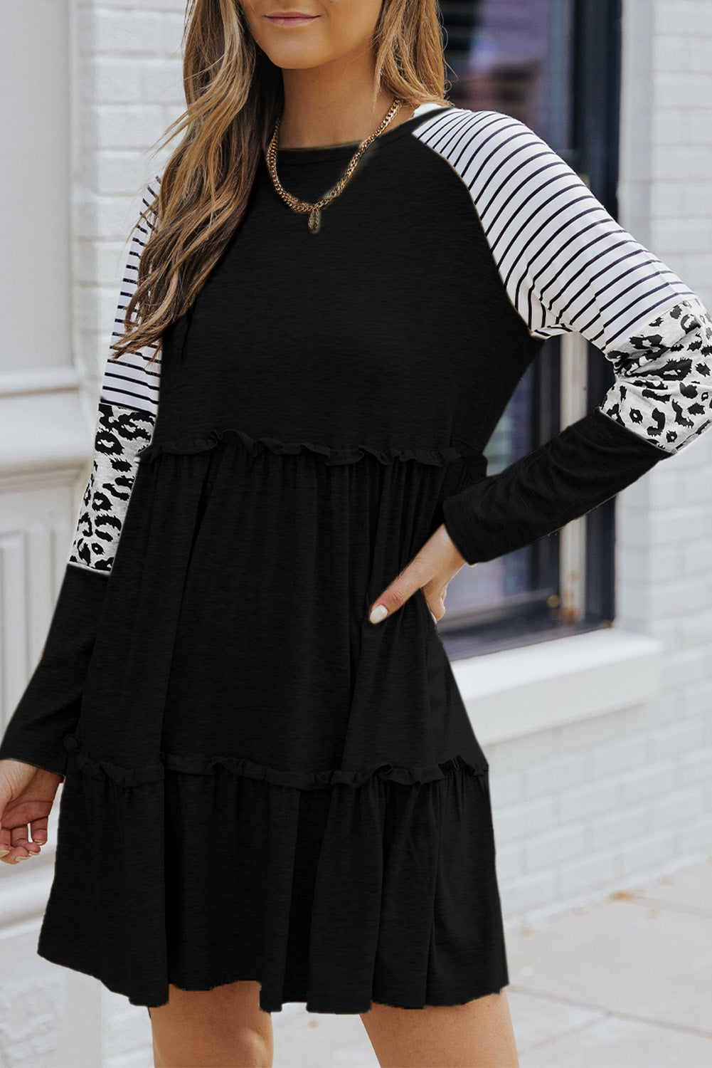 Mini-robe rayée léopard patchwork à manches longues noire