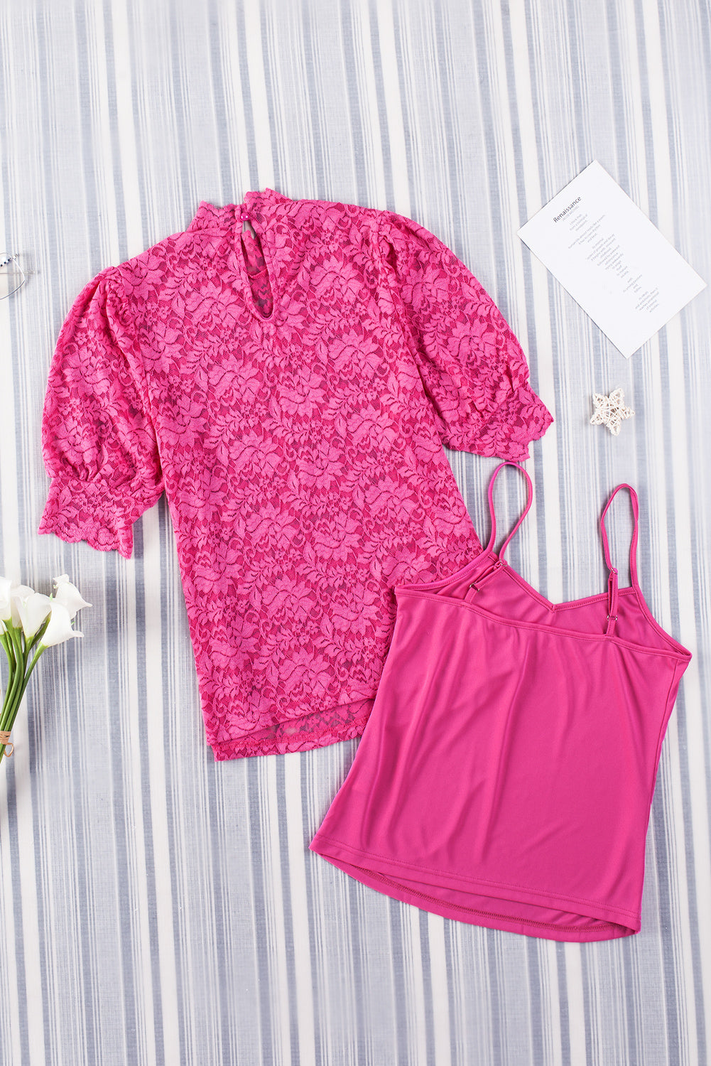Pink High Neck Lace Short Sleeve Top