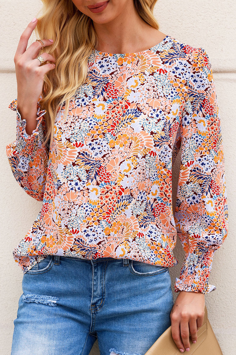 Sky Blue Puff Sleeve Floral Blouse