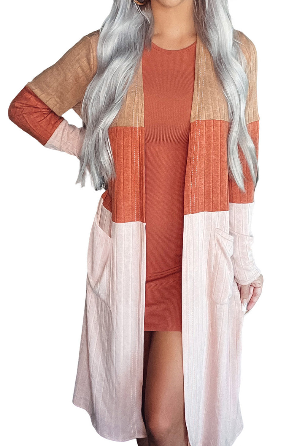 Cardigan orange à manches longues et poches color block
