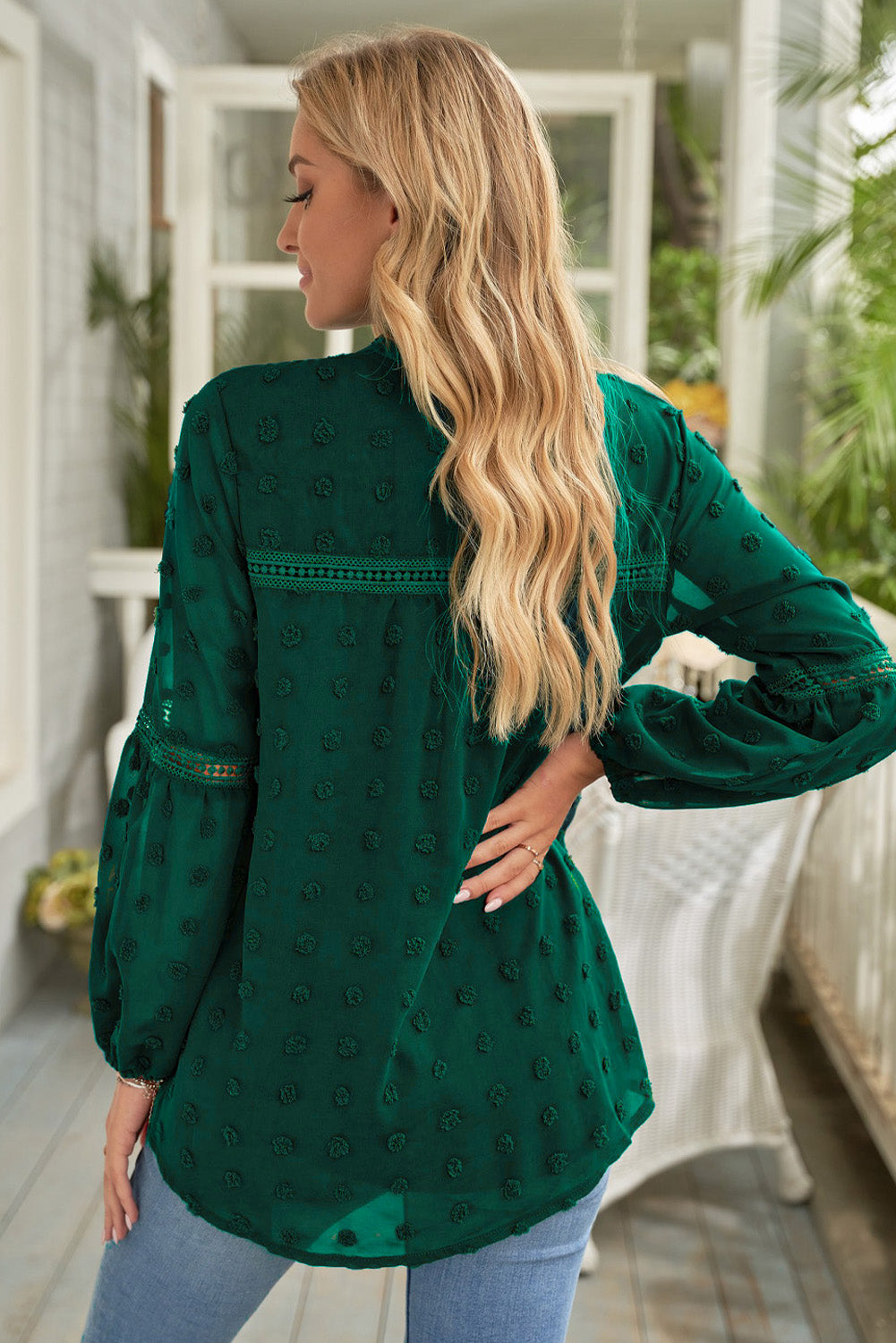 Green Ruffled Split Neck Lace Hollow Out Puff Sleeve Polka Dot Blouse
