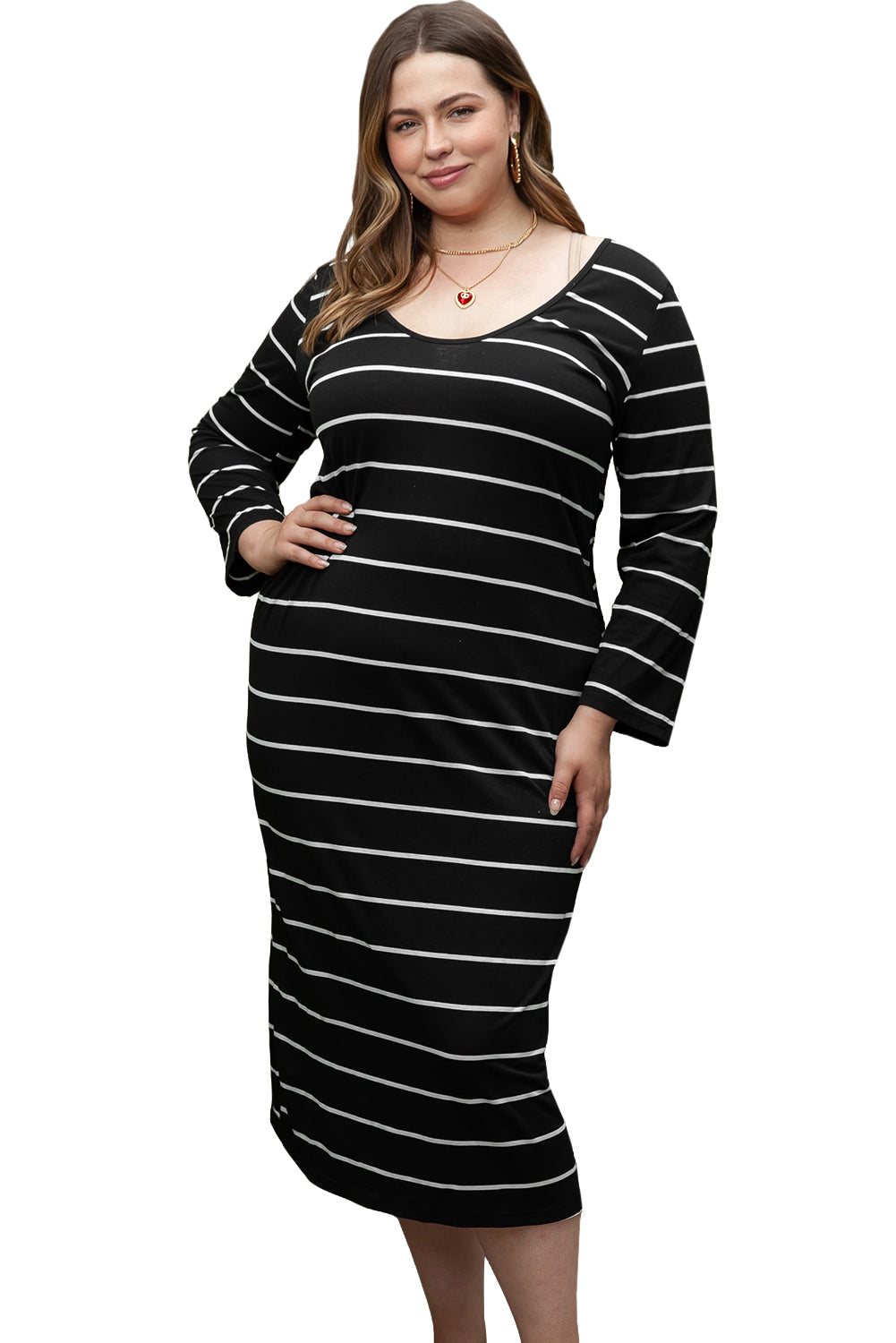 Black Plus Size Striped Loose Long Shift Dress