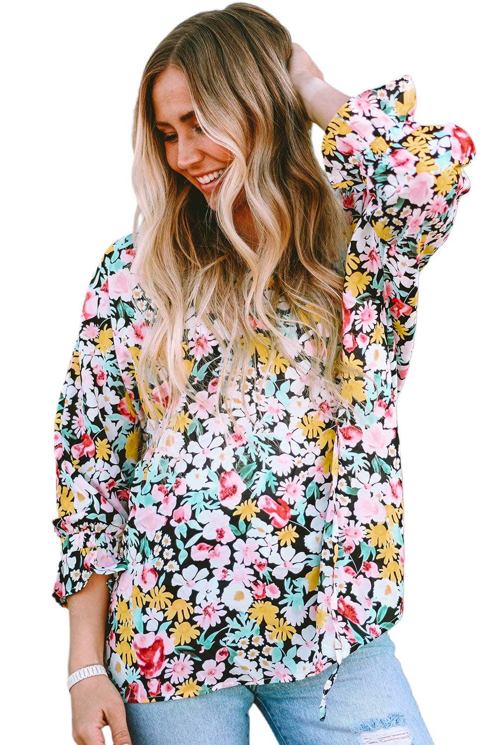 Multicolor Floral Notched V-Neck Puff Sleeve Blouse
