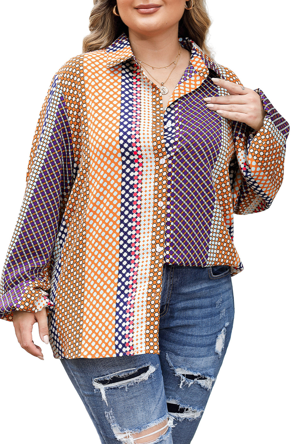 Brown Plus Size Mix Dotted Patchwork Button up Shirt