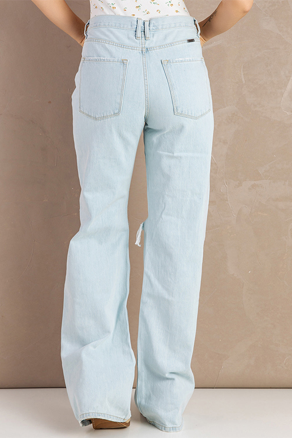 Sky Blue Washed Ripped Knee Wide Legs Jeans
