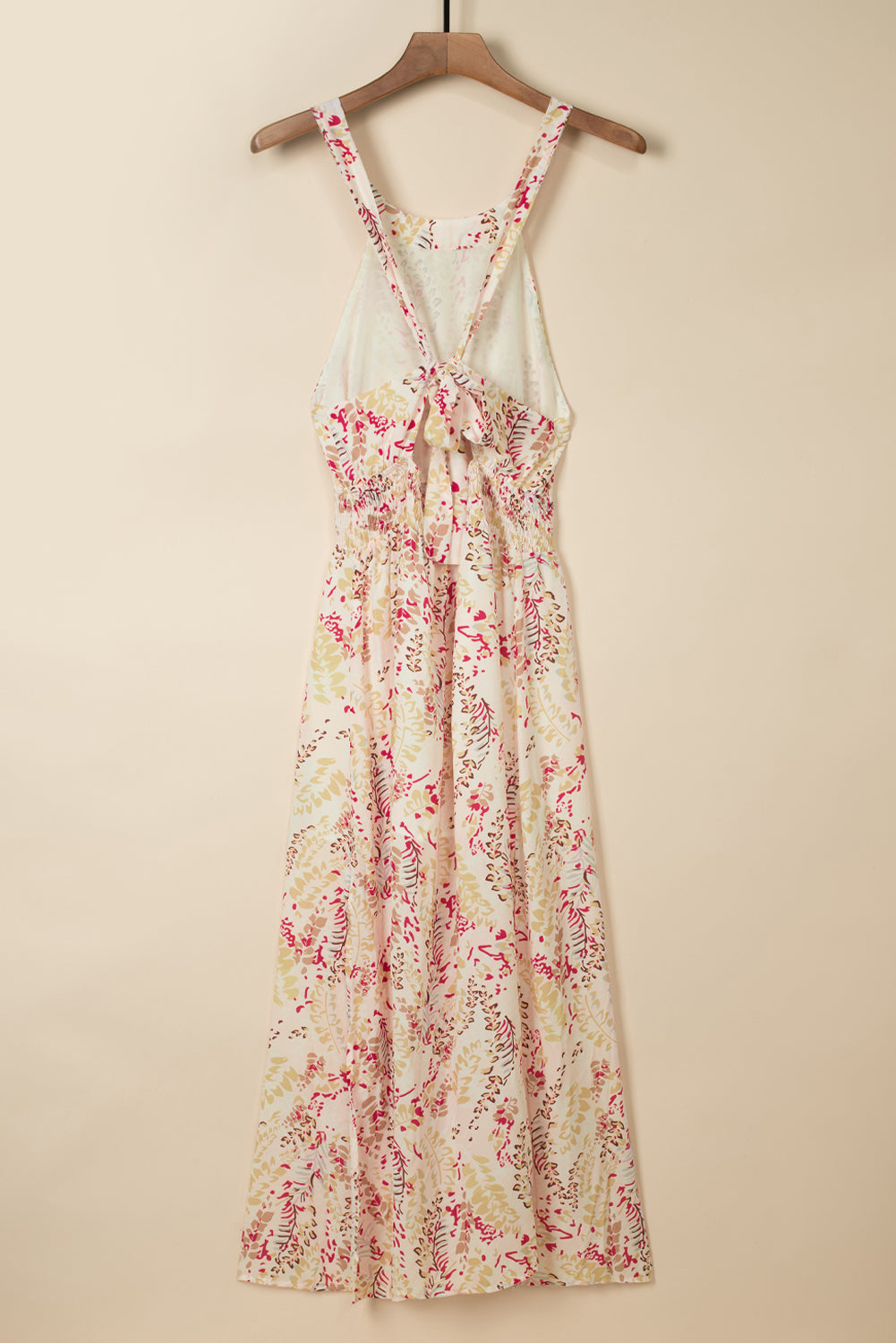 Večbarvna prepletena dolga obleka s cvetličnimi motivi brez hrbta