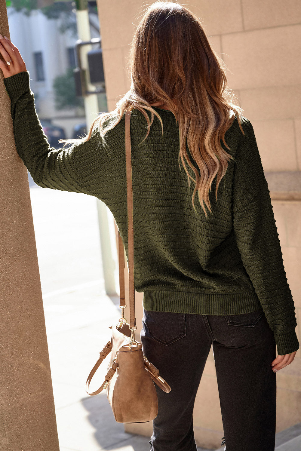 Duffel zeleni pleteni pulover s okruglim izrezom i teksturiranim rukavima