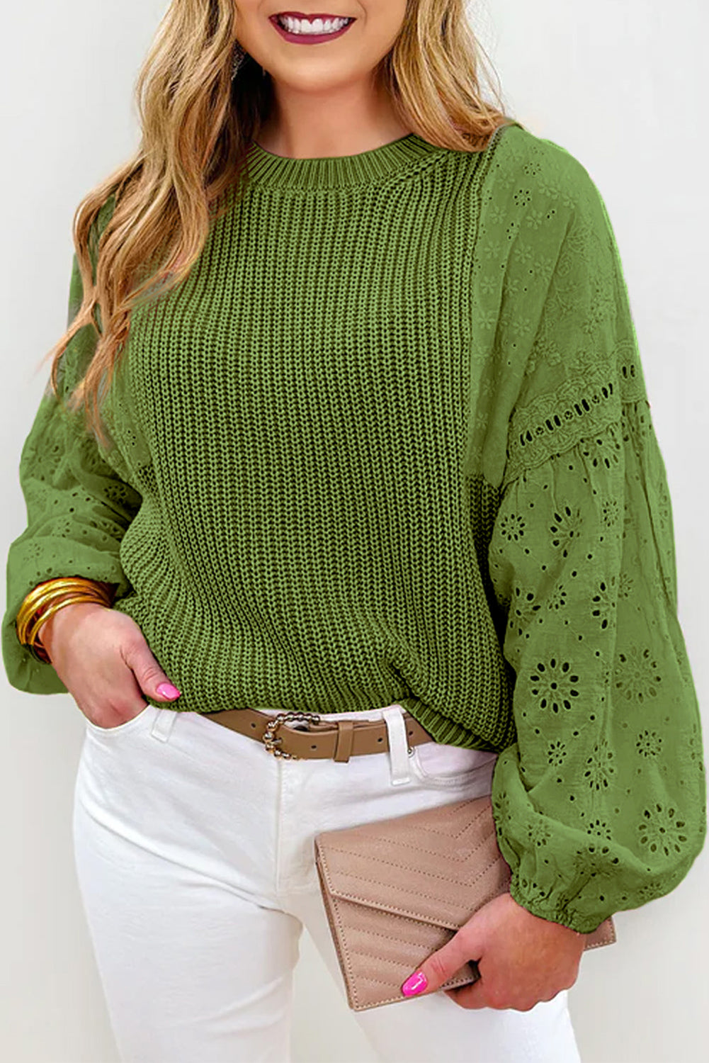 Grüner Patchwork-Pullover mit überschnittenen Schultern und Ösen