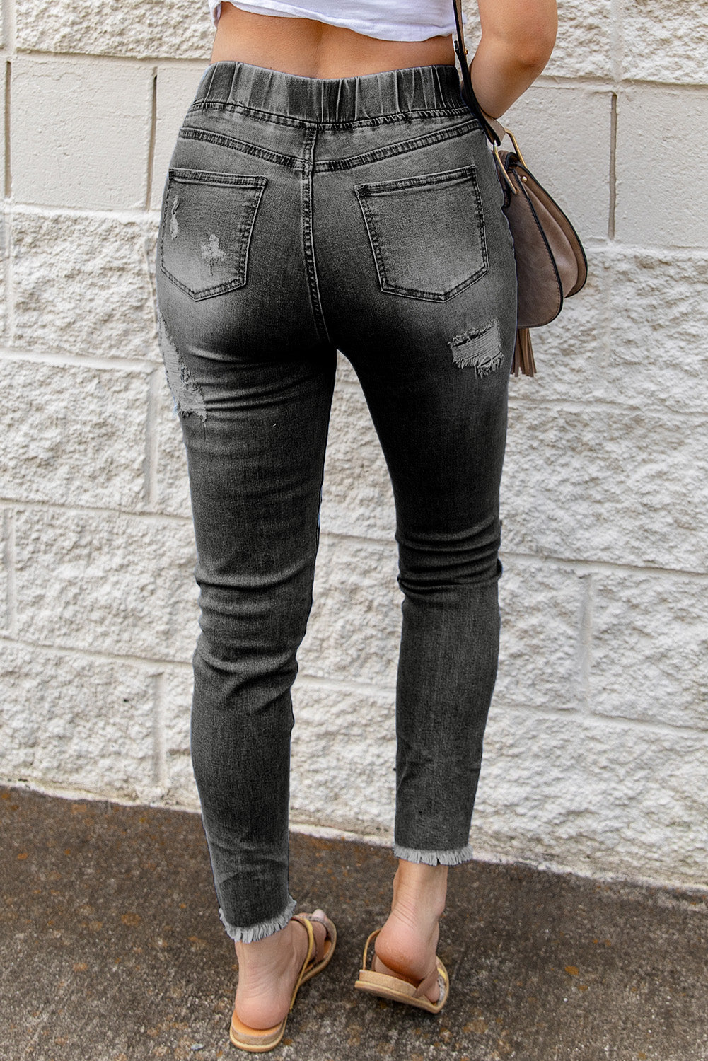 Jeans strappati con foro in vita elastico con coulisse grigio