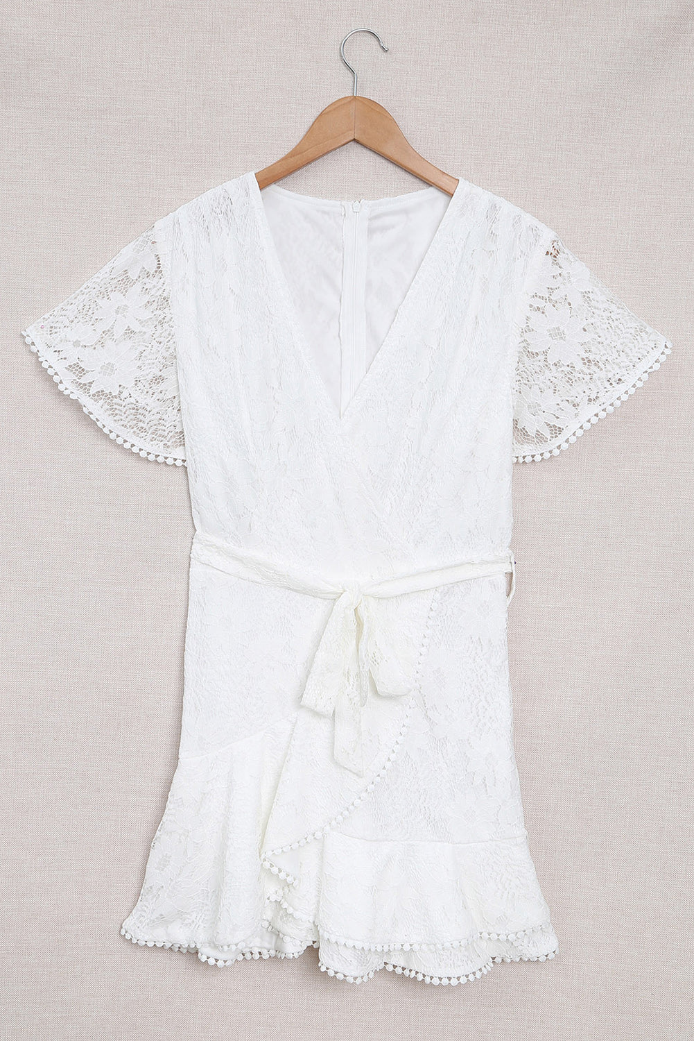 White Flutter Sleeve Wrap V Neck Floral Lace Short Dress