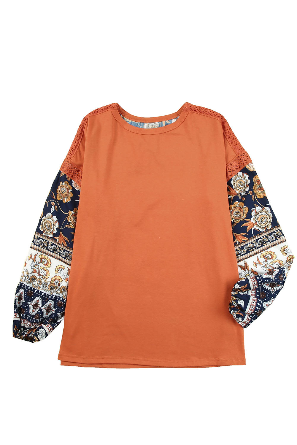 Brown Boho Floral Print Balloon Sleeve Top with Lace Details