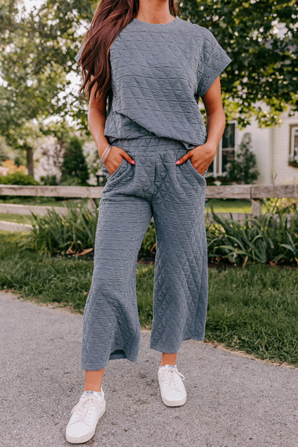 Set di pantaloni larghi a maniche corte trapuntati in vero verde acqua