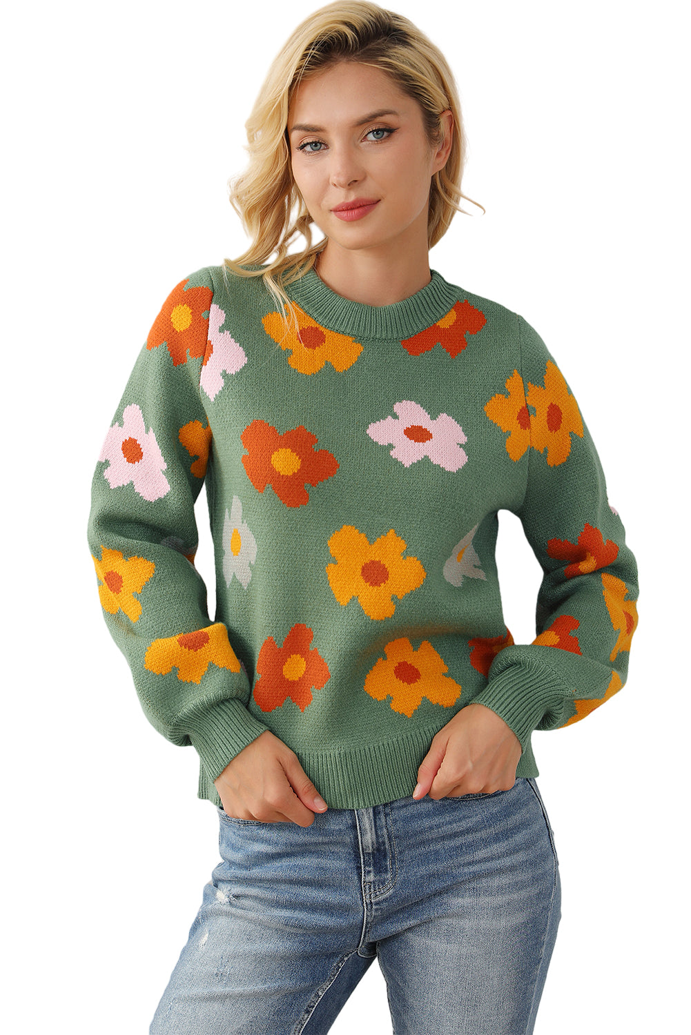 Green Sweet Flower Knitted Ribbed Hem Sweater