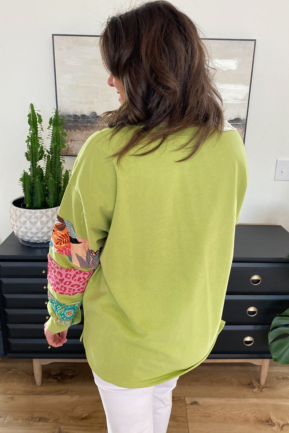 Green Plus Size Printed Patchwork Sleeve Split Sweatshirt
