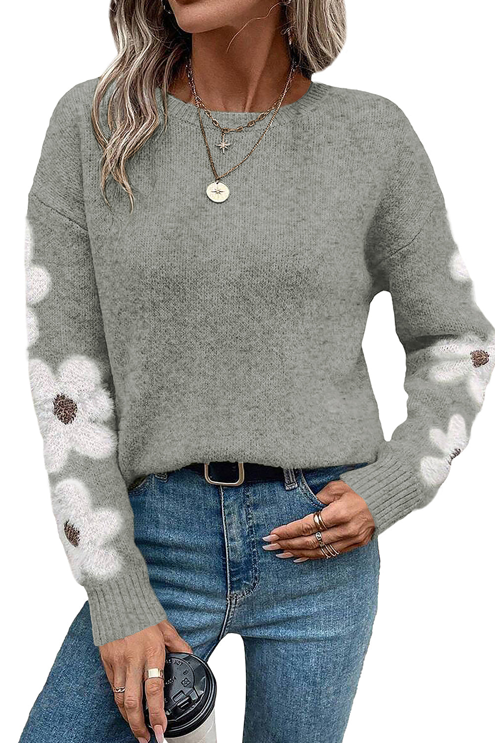 Maglione con spalle scese con maniche a fiore grigio chiaro