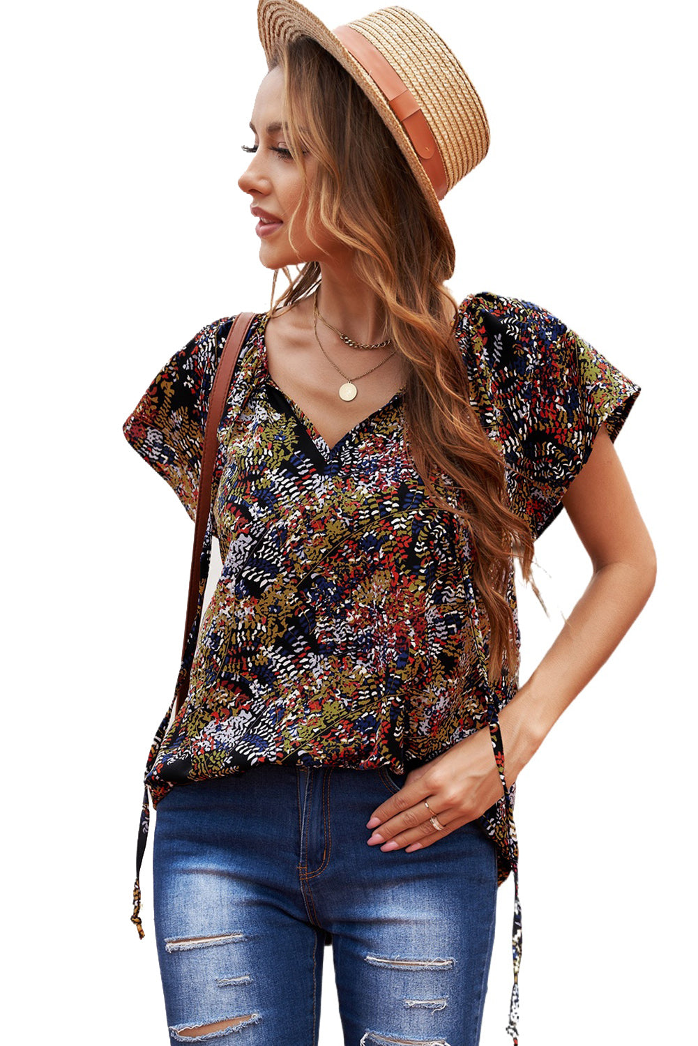 Večbarvna fantazijska plapolajoča bluza s kratkimi rokavi in ​​modnim potiskom