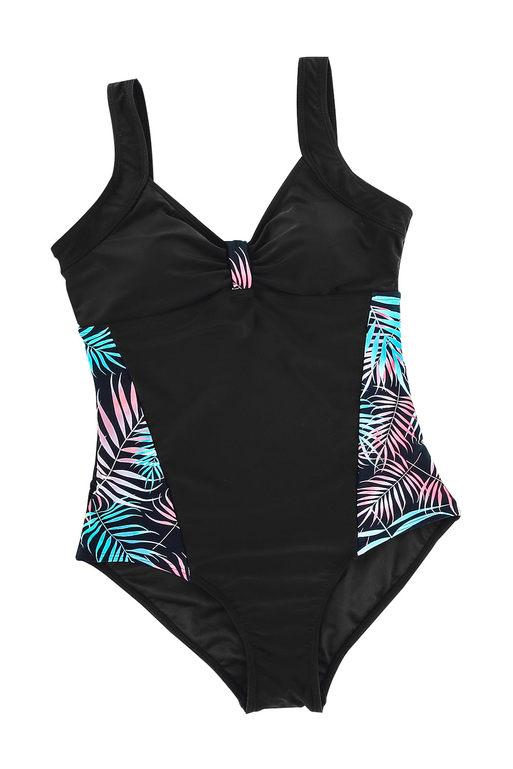 Leaves Splicing Ruched Front Open Back One-piece Swimsuit