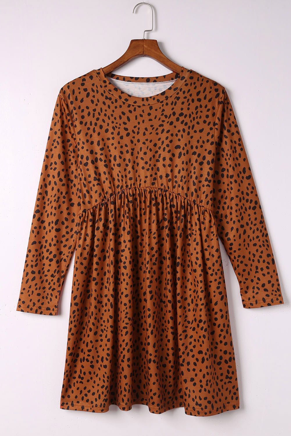 Braunes, langärmliges Babydoll-Kleid mit Leopardenmuster