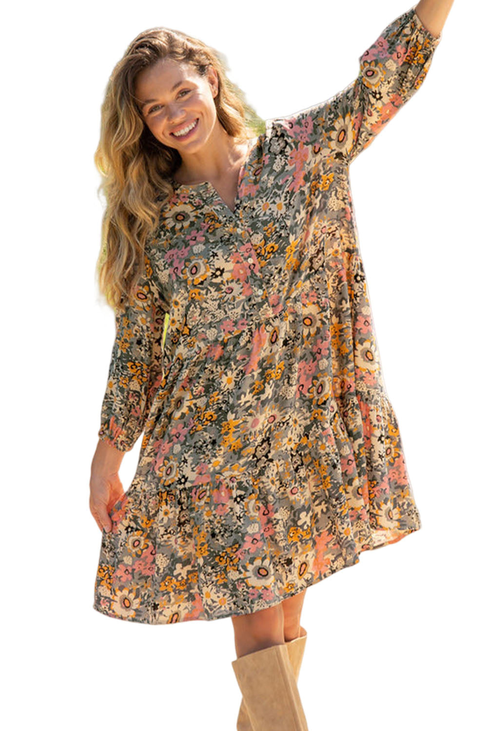 Višebojna cvjetna haljina s okruglim izrezom i 3/4 rukavima s kopčama
