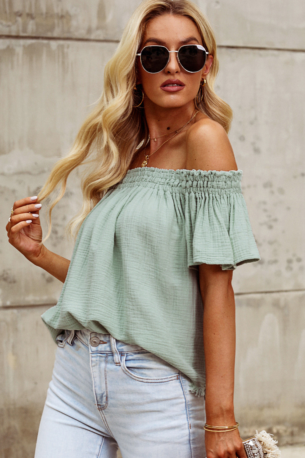 Green Off Shoulder Textured Ruched Ruffle Blouse