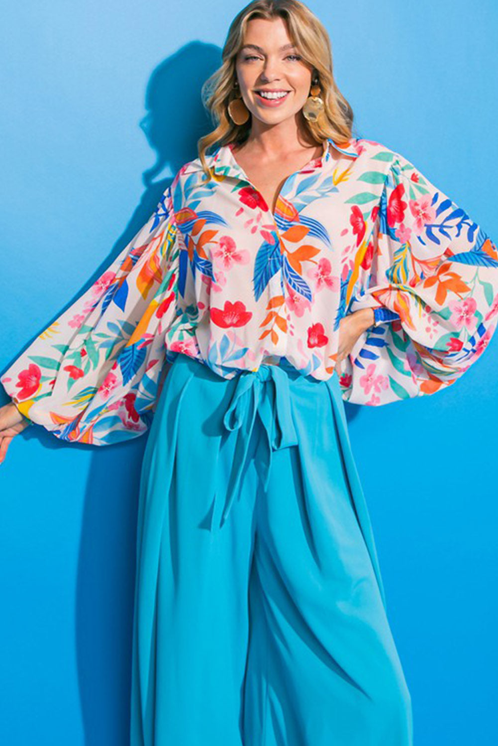 Multicolor Vibrant Floral Printed Billowy Sleeve Shirt