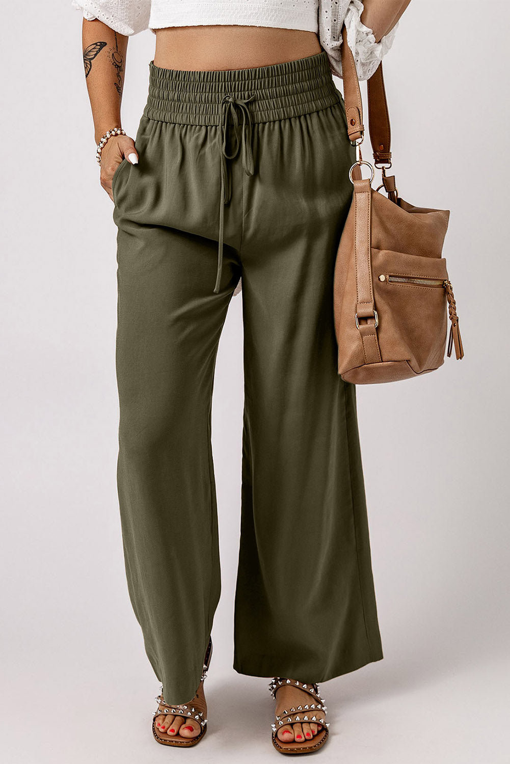 Pantaloni larghi casual con coulisse in vita elastica verde marrone