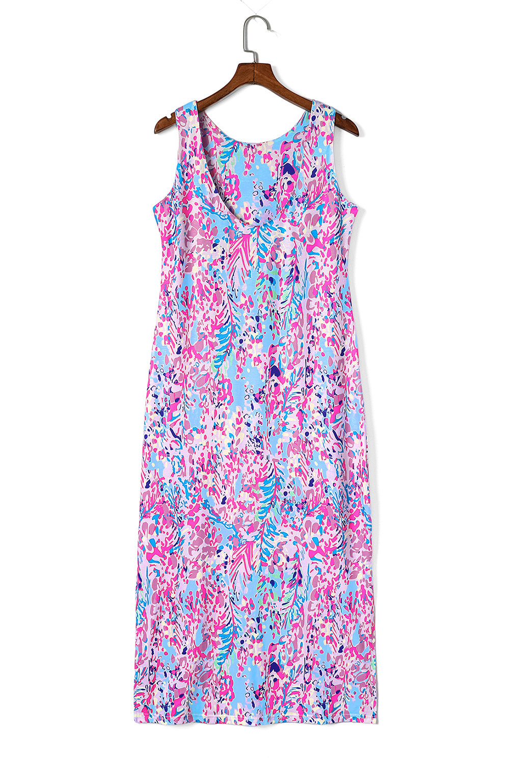 Vijolična maksi obleka brez rokavov z abstraktnim cvetličnim vzorcem