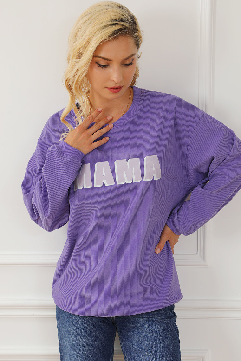 Sweat-shirt violet à col ras du cou côtelé MAMA