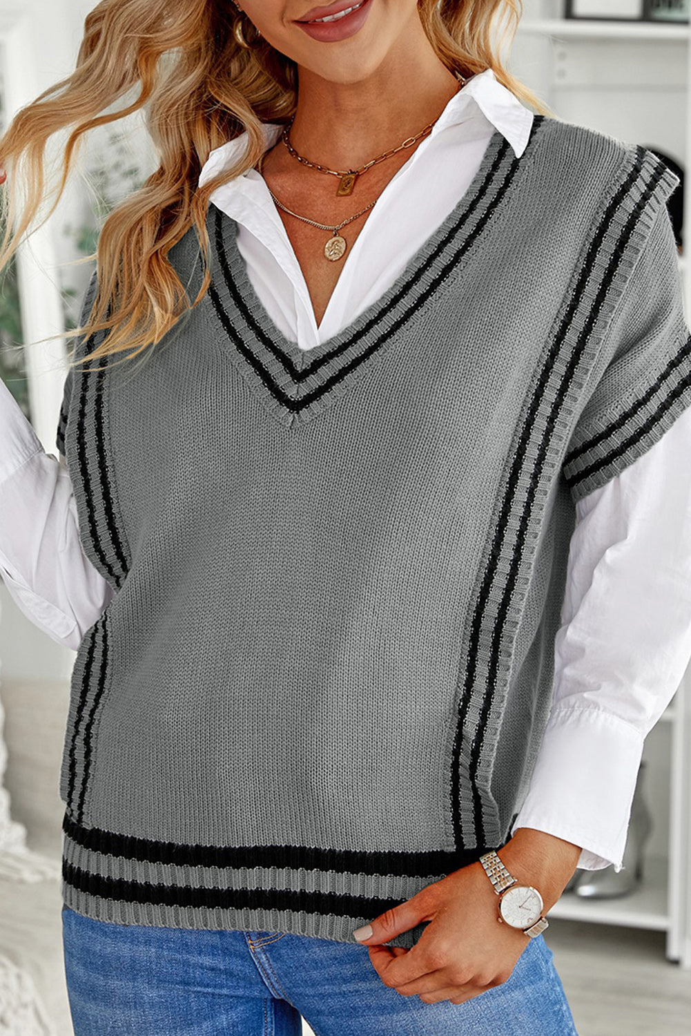 Gray V Neck Contrast Stripes Trims Short Sleeve Sweater