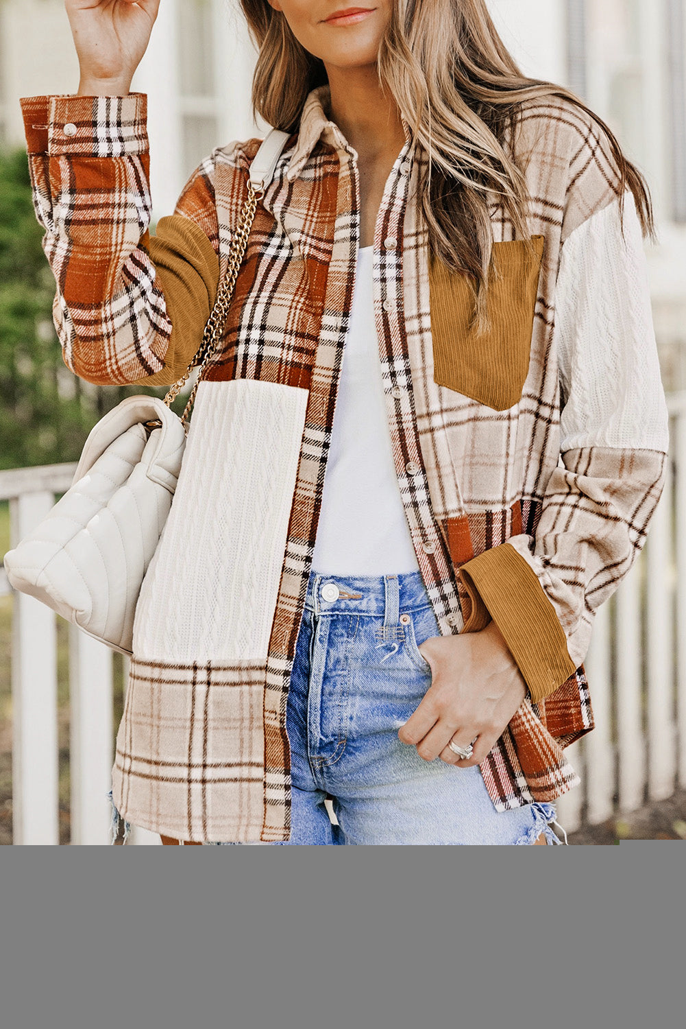 Khaki Plaid Color Block Patchwork Shirt Jacket with Pocket