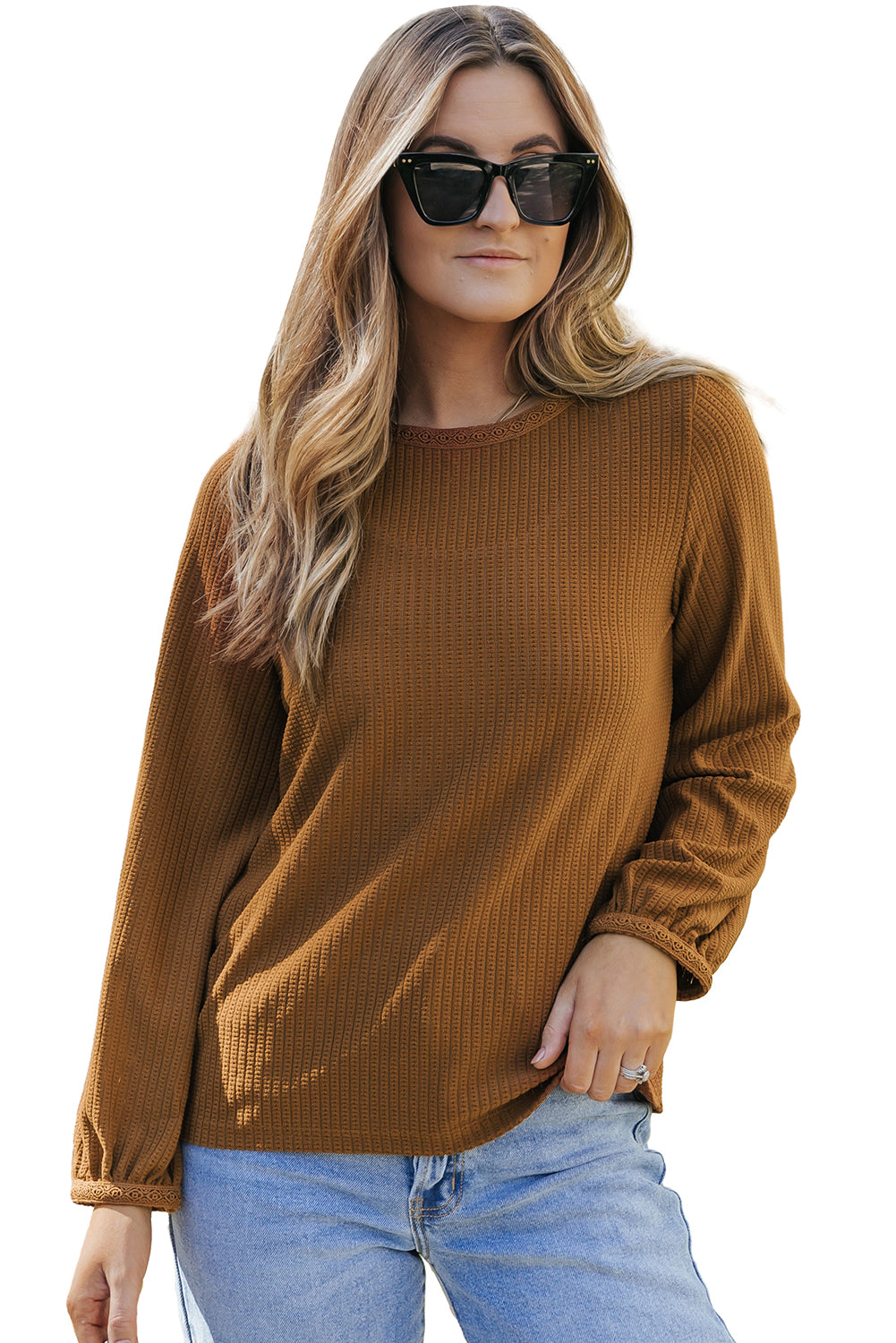 Brown Textured Round Neck Puff Sleeve Top