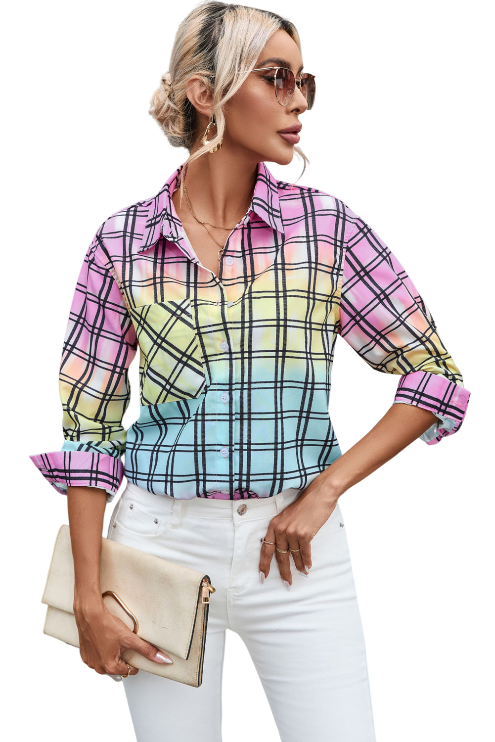 Multicolor Tie Dye Plaid Button Up Shirt