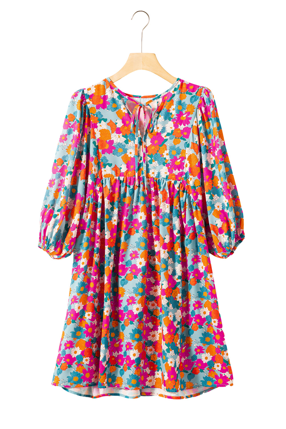 Himmelblaues Babydoll-Kleid mit Blumenmuster und Schlitz am Ausschnitt und Blasenärmeln