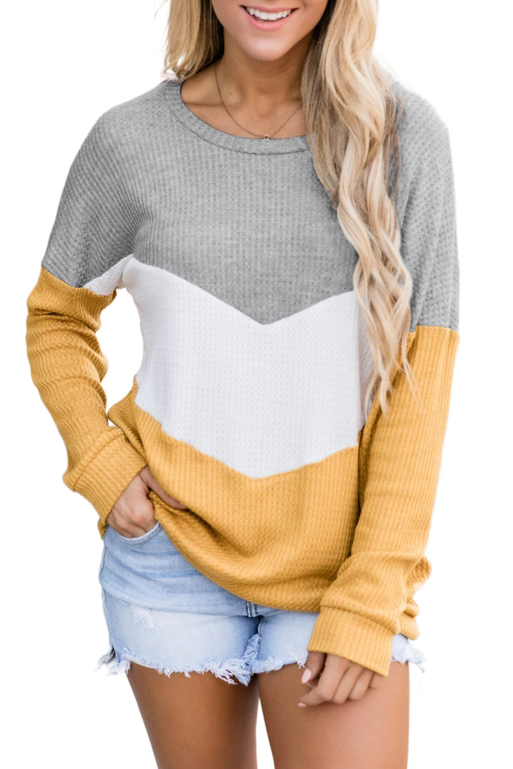 Gelbes Chevron-Waffel-Colorblock-Pullover-Sweatshirt
