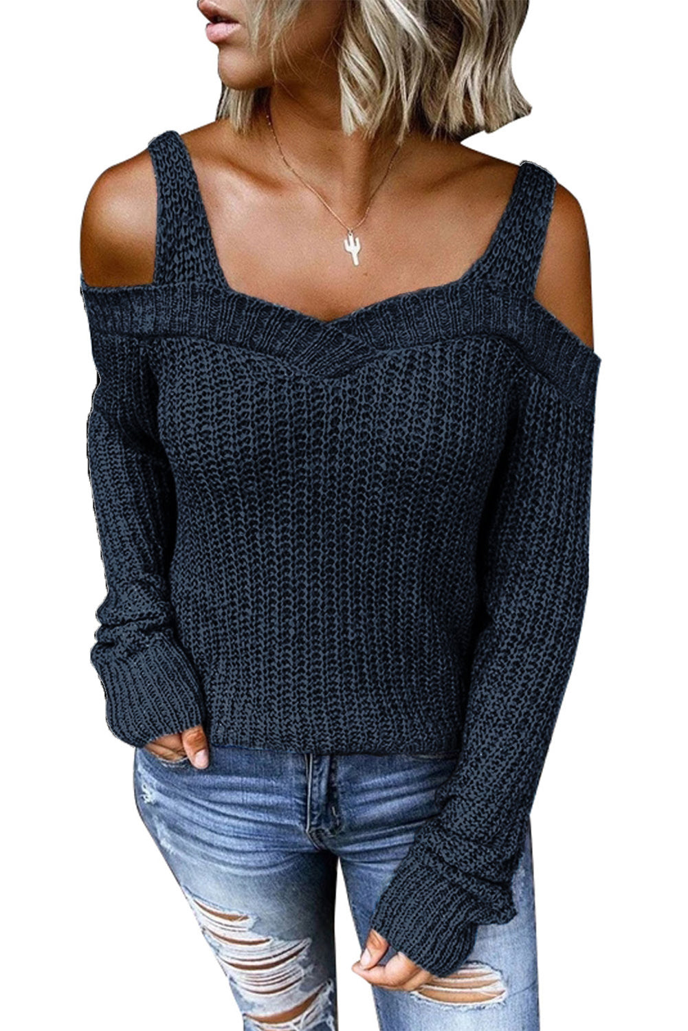 Tamnoplavi pleteni pulover Juliette na ramena