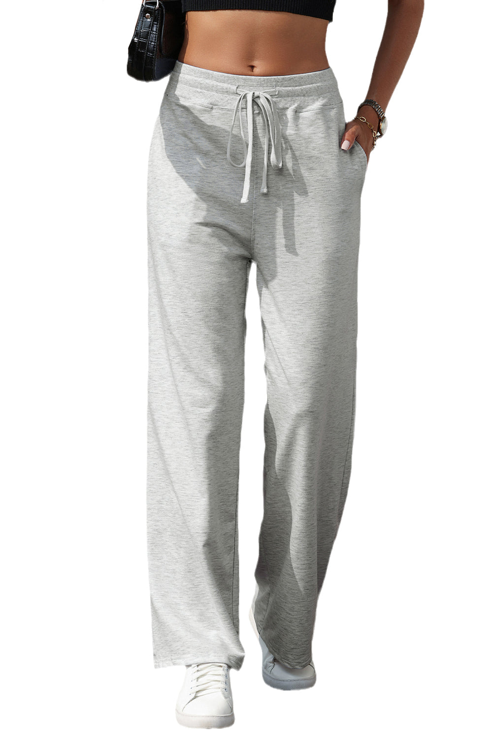Pantalon de survêtement taille haute gris clair avec cordon de serrage