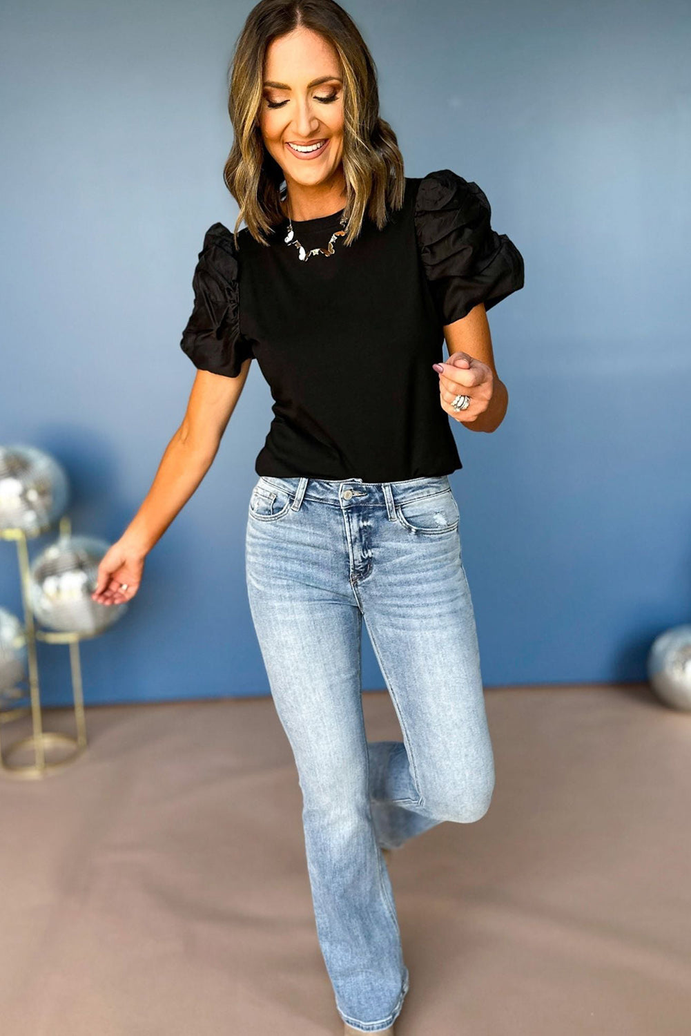Black Ruched Puff Sleeve Crew Neck Tee