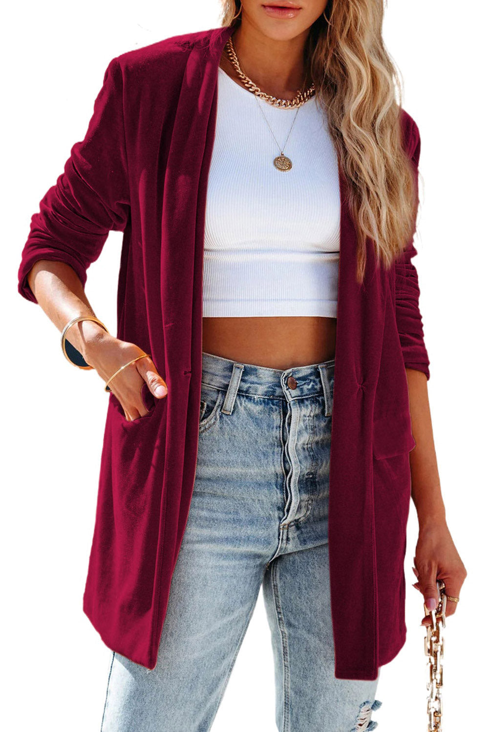 Red Casual Pocketed Velvet Blazer