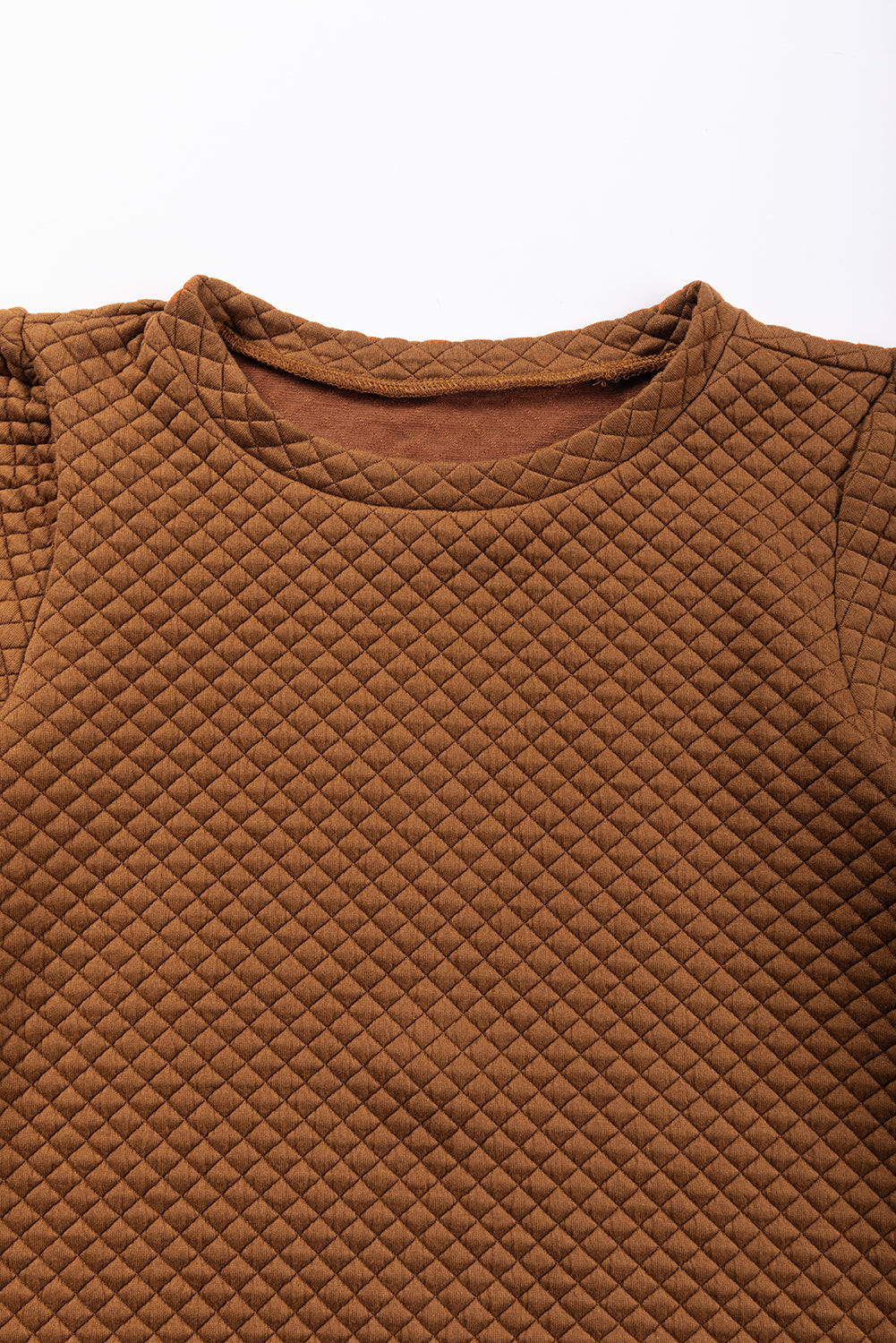 Brown Solid Color Quilted Puff Sleeve Pullover Sweatshirt