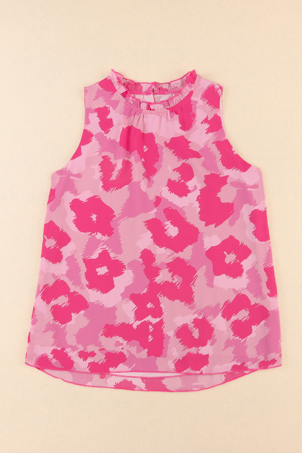 Pink Leopard Frilled Collar Printed Tank Top