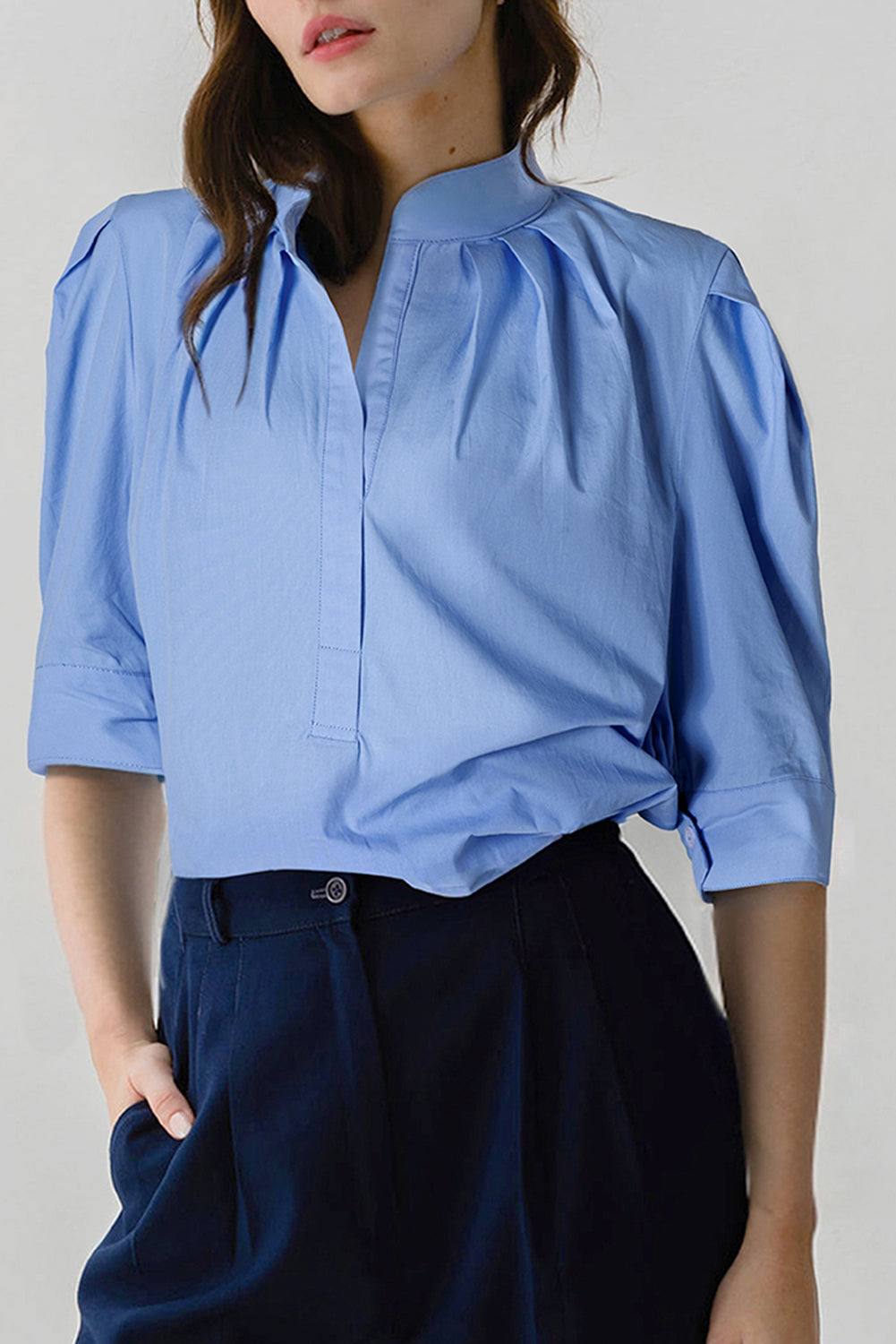 Sky Blue Solid 3/4 Sleeve Buttoned Stand Neck Shirt