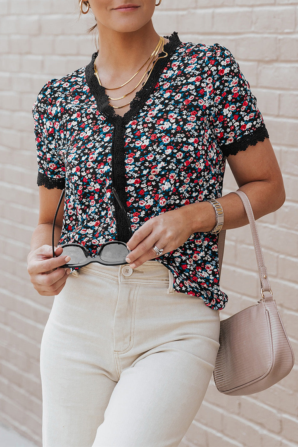 Večbarvna priložnostna bluza Ditsy s cvetličnimi čipkastimi obrobami
