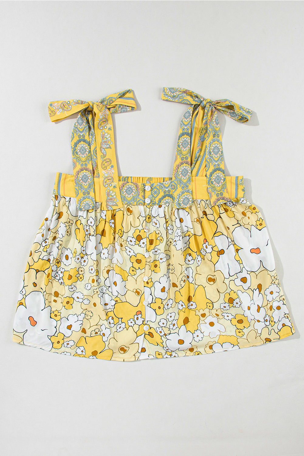 Yellow Floral Patchwork Tied Straps Buttoned Tank Top