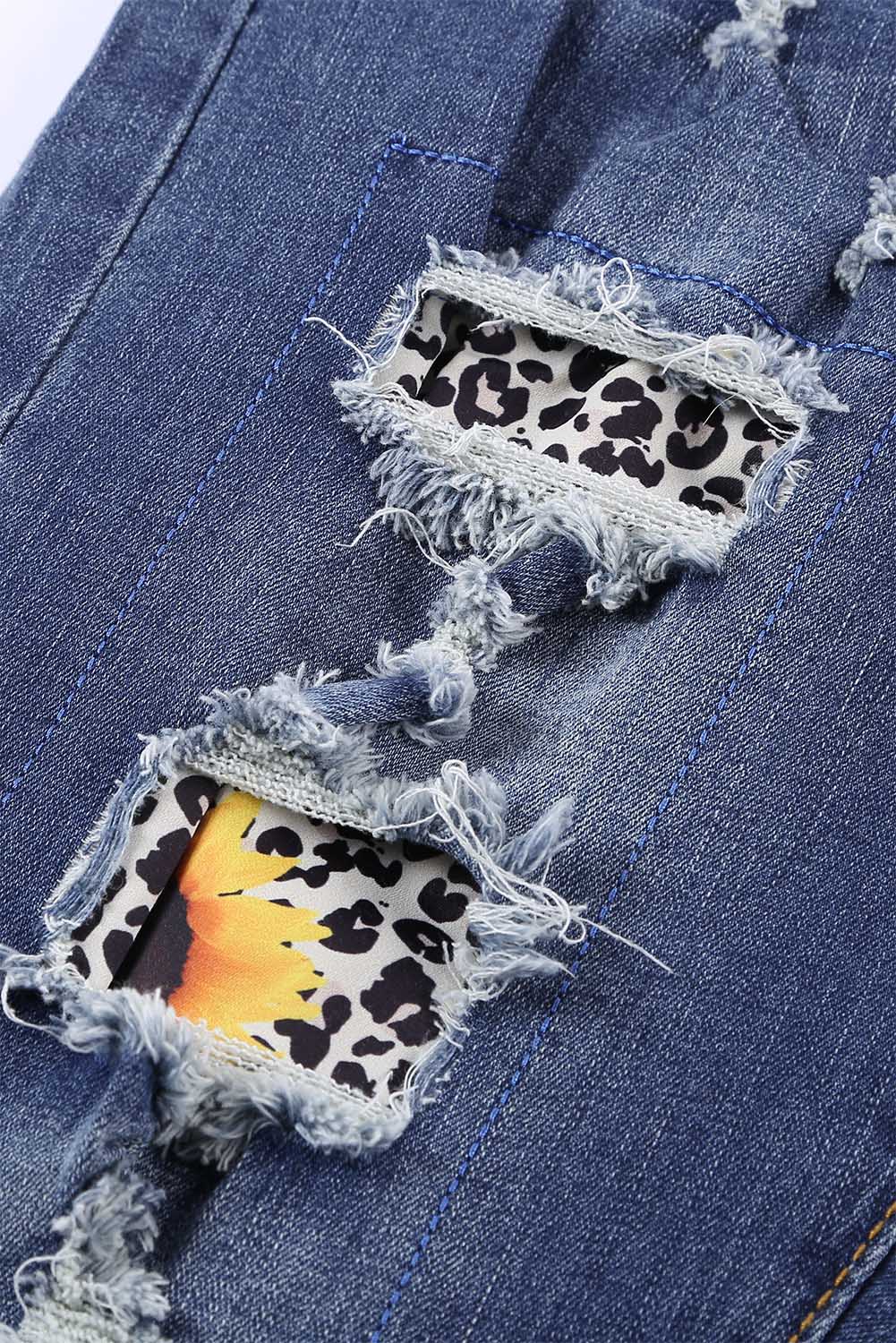 Otrcane traperice visokog struka s leopard patchwork printom suncokreta