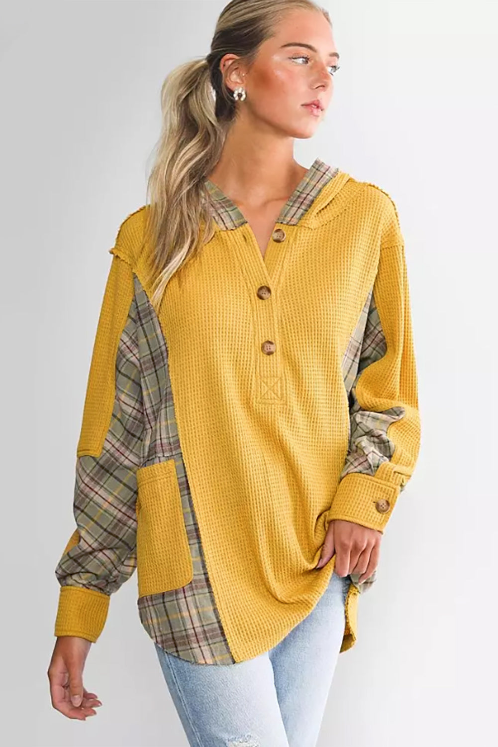 Žuta vafel pletena karirana majica s kapuljačom s džepovima
